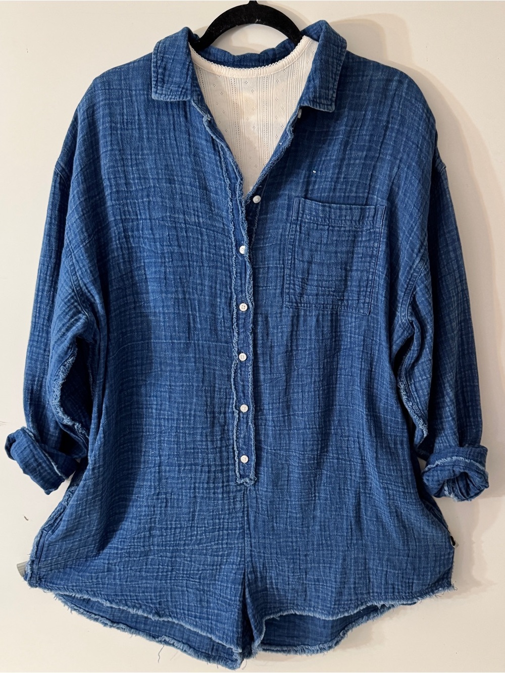 Blue Gauze Button-Front Romper &  Cream Tie Belt with TShirt New! - Picture 3 of 4